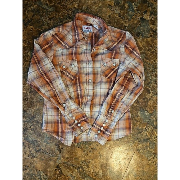 Roper‎ Western Plaid Pearl Snap Long Sleeve Button Down Shirt Orange/tan Medium - Picture 6 of 6